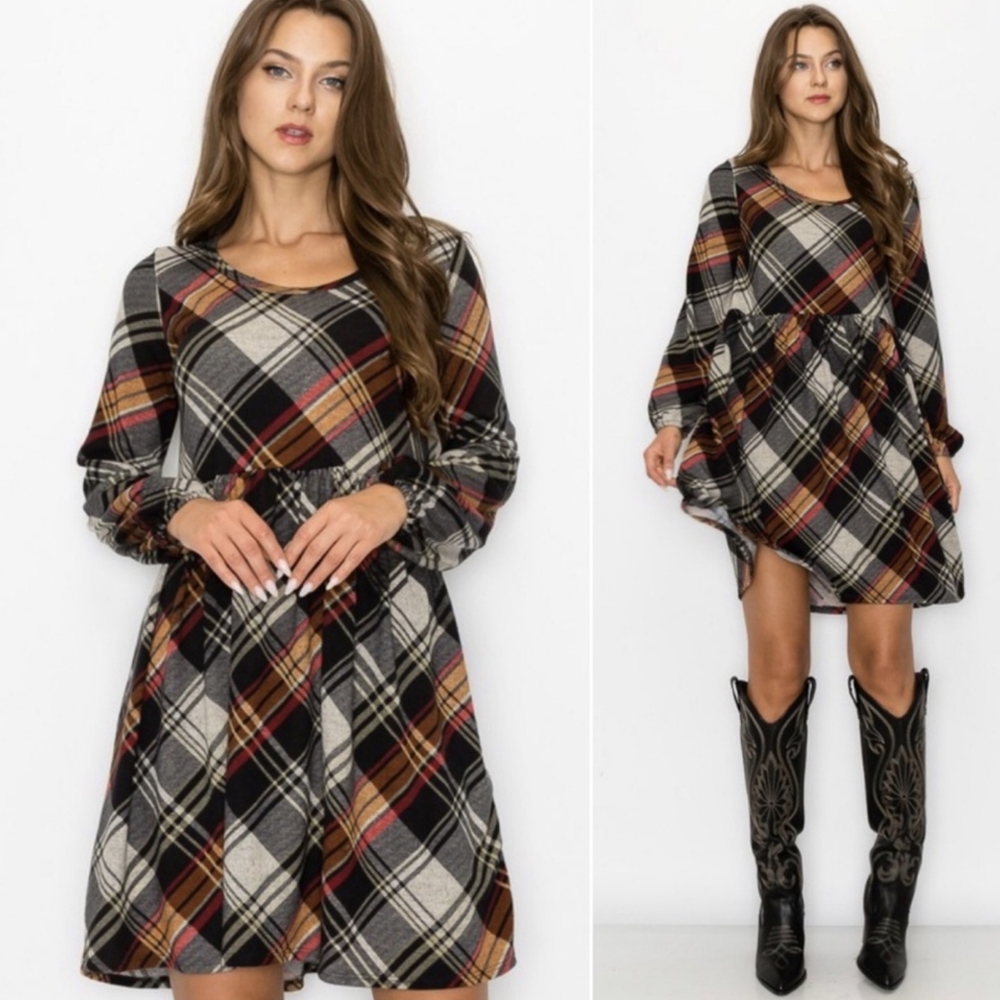 Plaid Long-Sleeve Babydoll Dress in Black/Tan/Marigold